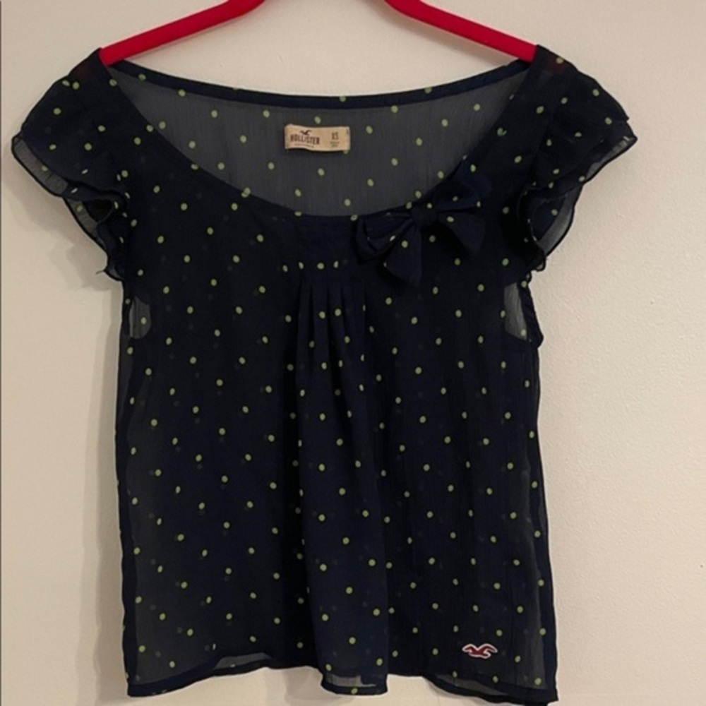 Hollister Sheer Navy Blouse with Green Polka Dots